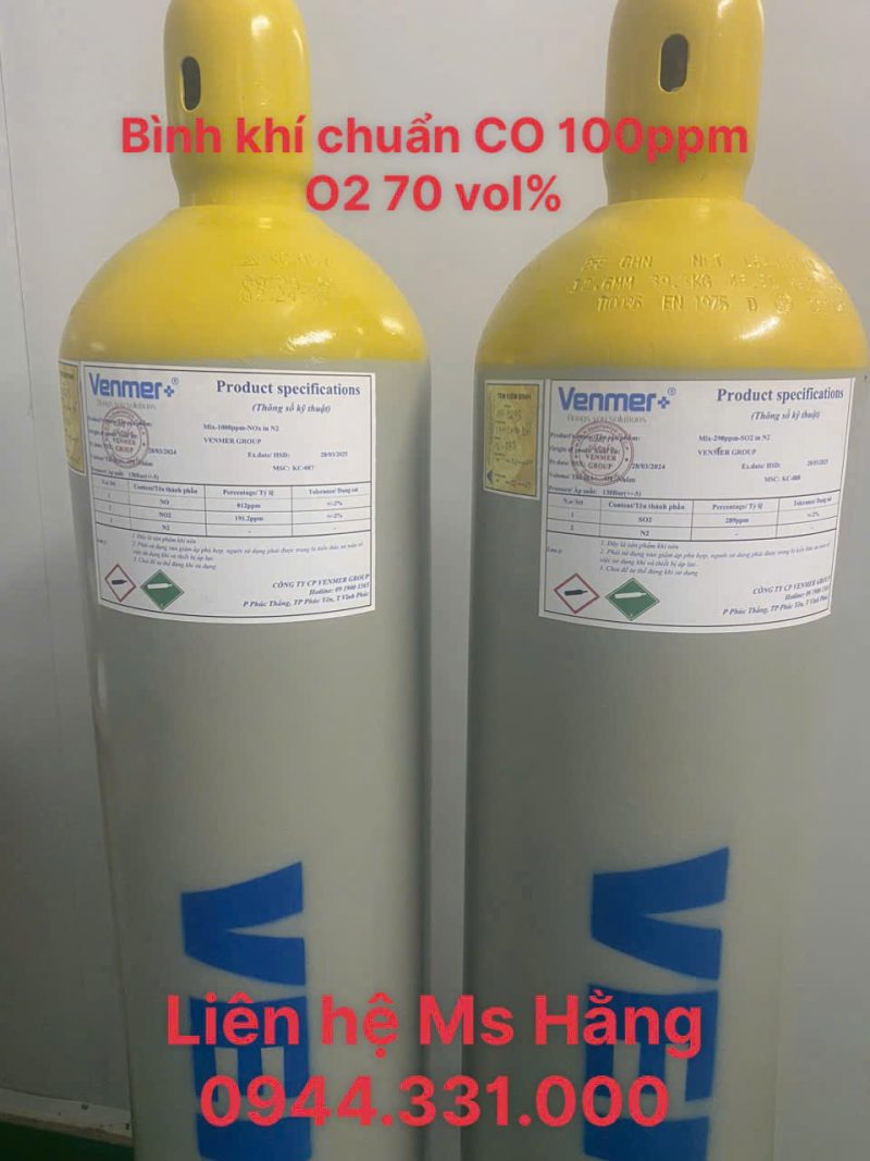 Bình khí chuẩn CO 100ppm O2 70 vol%