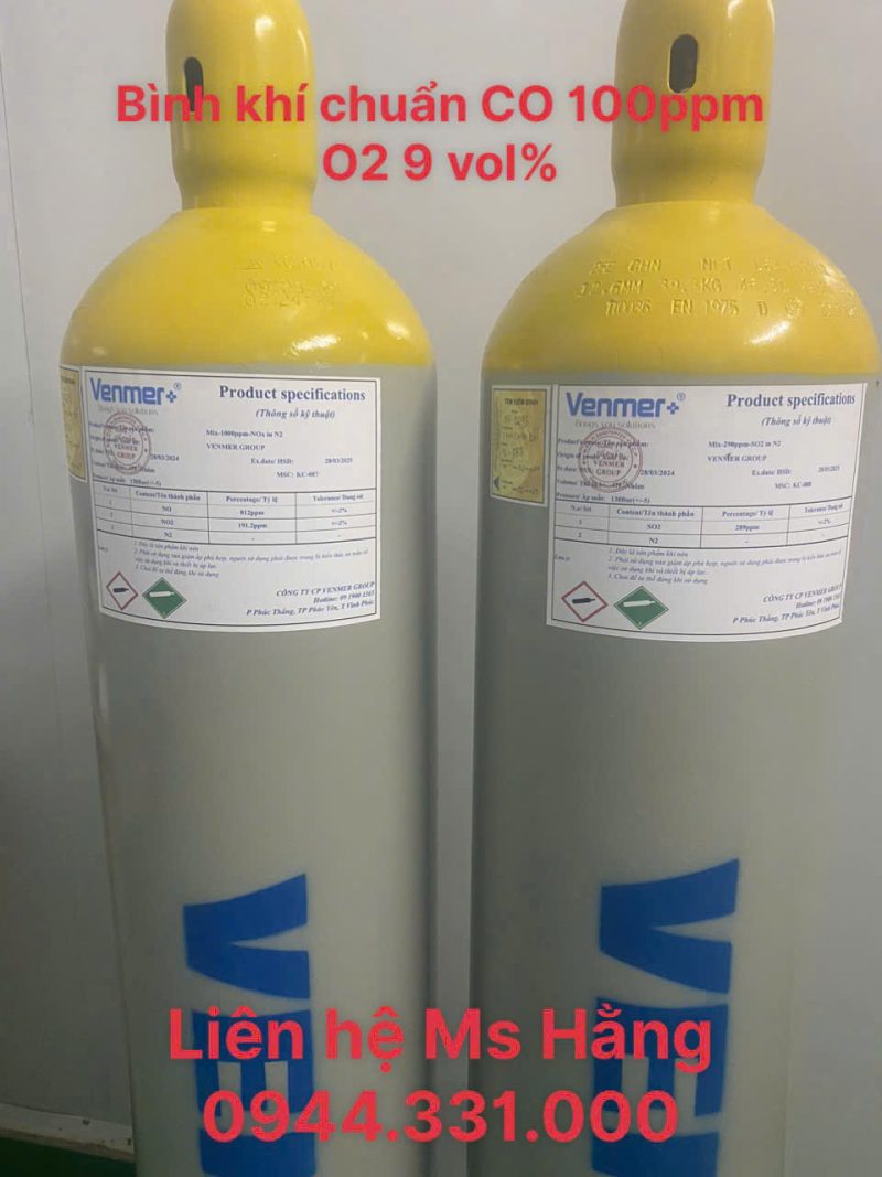 Bình khí chuẩn CO 100ppm O2 9 vol%